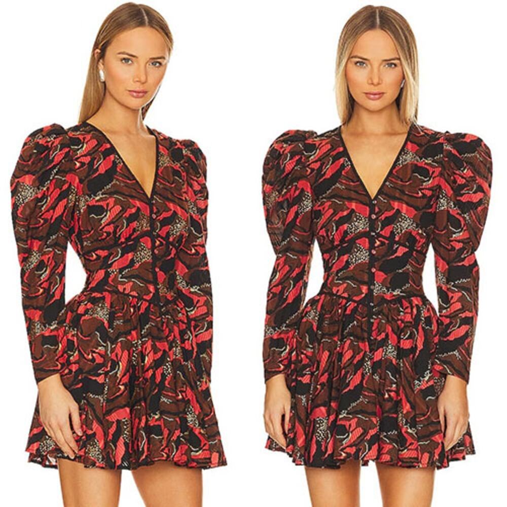 NWT Cleobella Reagen Puff Sleeve V-Neck Fit & Flare Canyon Mini Dress Sz: Medium